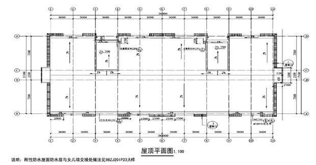 屋顶平面图主要表明屋顶的形状,屋面排水方向及坡度,檐沟,女儿墙,屋脊