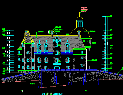 三层坡顶法国古堡建筑设计图纸
