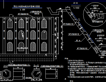 地梁间窗孔式护面墙加六棱砖培土植草结构图