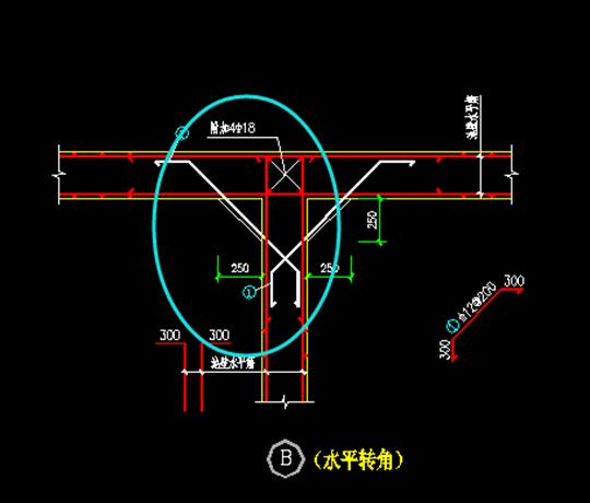 在剪力墙交汇处附加4c18垂直受力钢筋,两侧水平夹角增加元宝筋c12@200